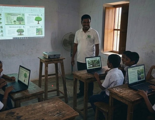 Joyful children in rural India experiencing digital education