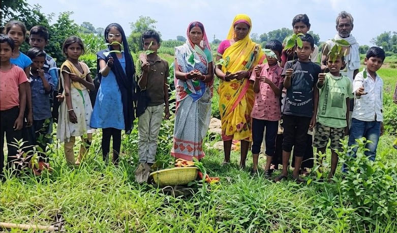 Community members planting saplings together